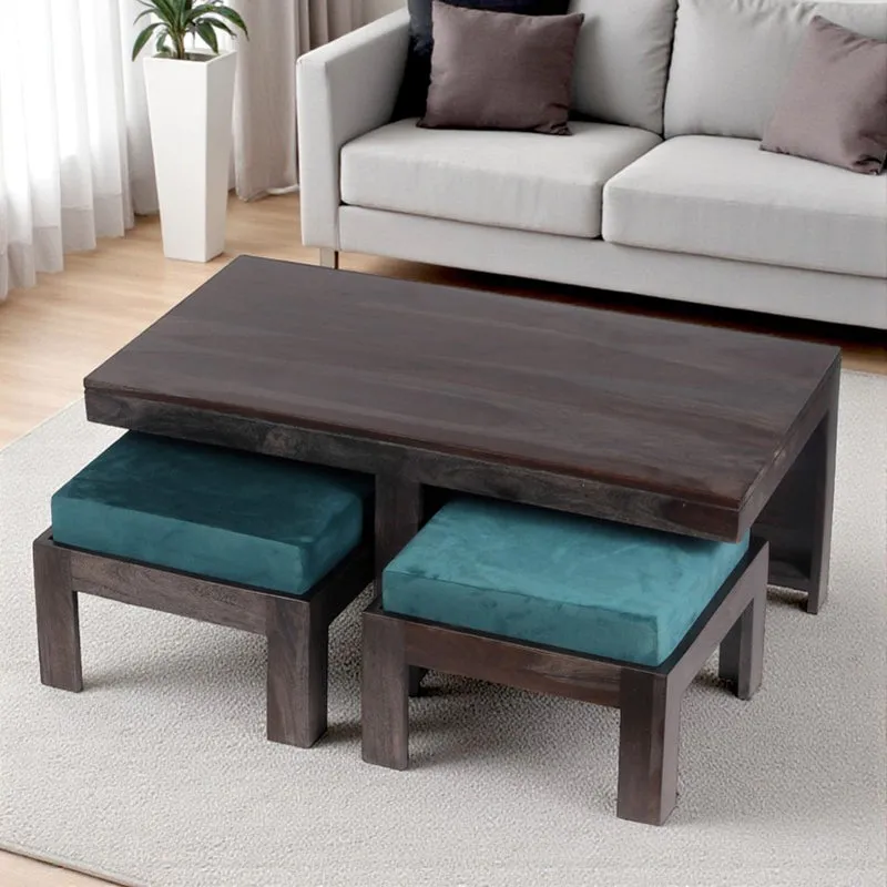Drexon Sheesham Wooden Center Table with Stools (Deep Brown,Blue) - Five Piece Set media 1