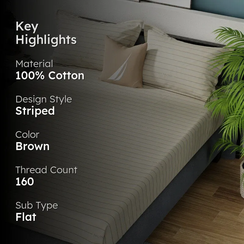 Brown striped bedsheet highlight image with material and thread count text