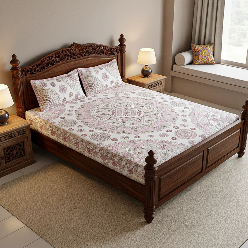 Kavya Mandala Ethnic Cotton Bedsheet (Pink,White) - 160 TC media 1