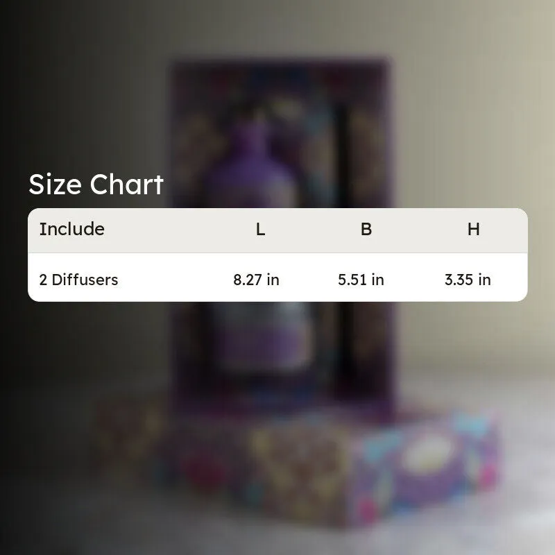 Purple diffuser set shown behind a visible size-chart graphic