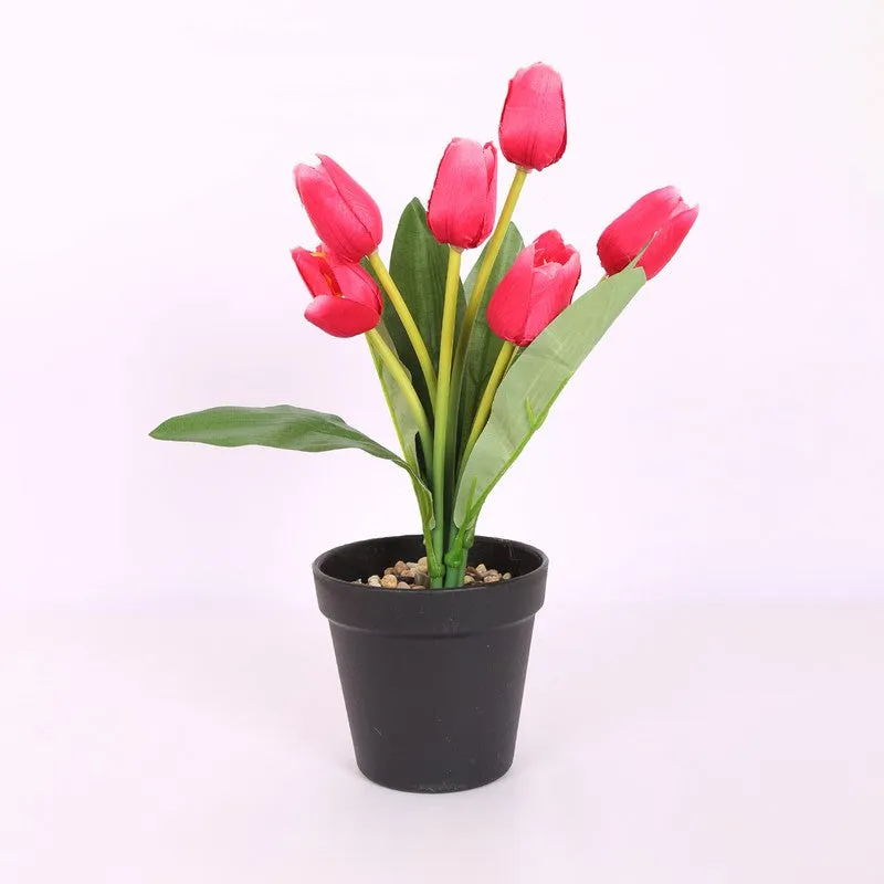 Artificial Tulip Flower Plant With Black Plastic Pot - Dark Pink media 4