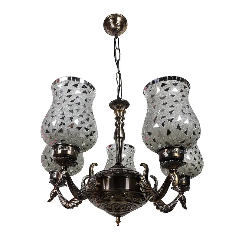 Ceiling lamp with antique metal body and five white mosaic glass shades
