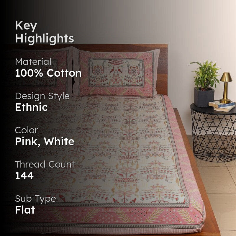 Utopia Jaipuri Cotton Bedsheet (Pink) - 144 TC media 2