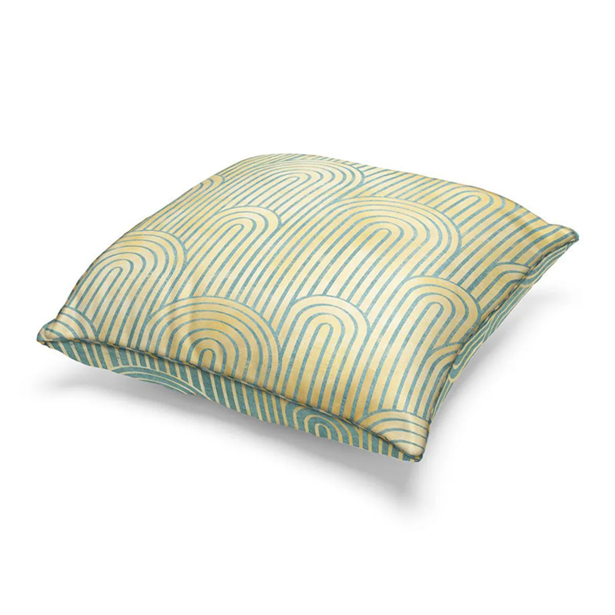 Reversible cushion cover shown in a light yellow and green geometric pattern