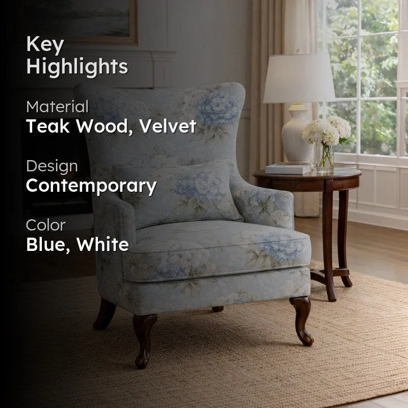 Imperia Teak Wood & Velvet Floral Lounge Chair media 2