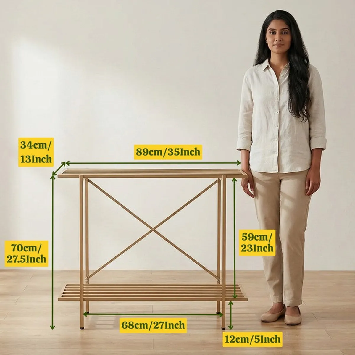 Person standing beside the brown planter stand to show its overall scale.
