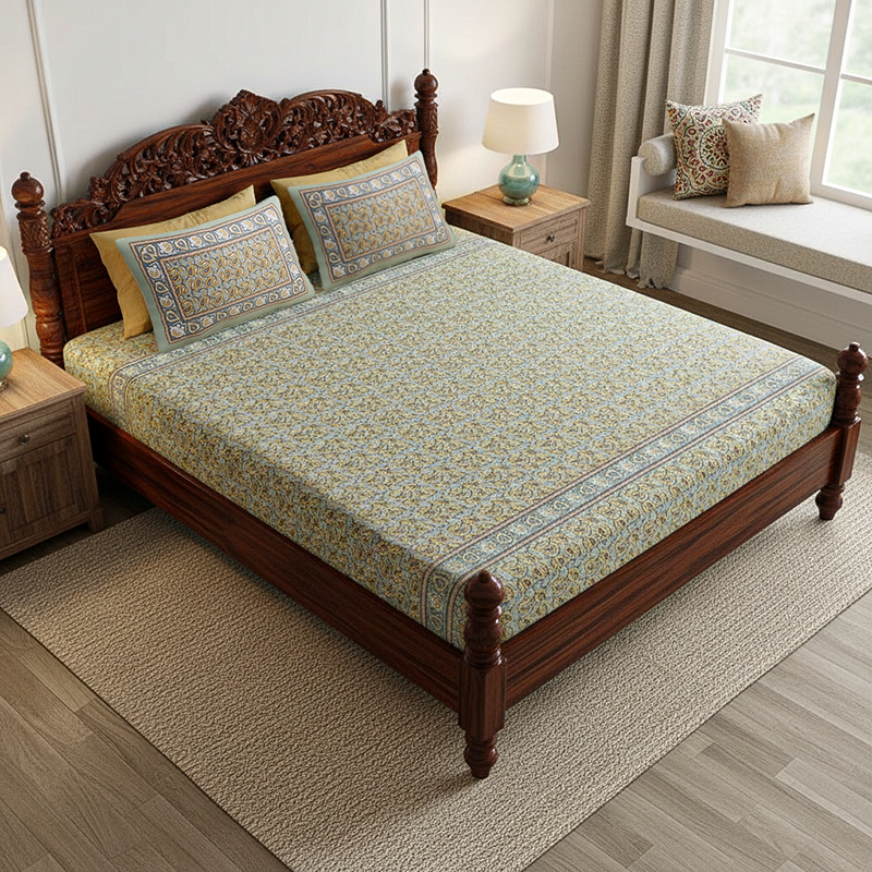 Timeless Motifs Cotton Bedsheet (Mustard Yellow) - 180 TC