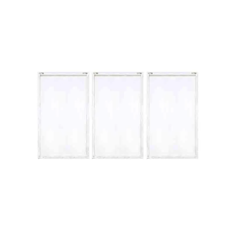 Back view of three rectangular stretched canvas frames in white.