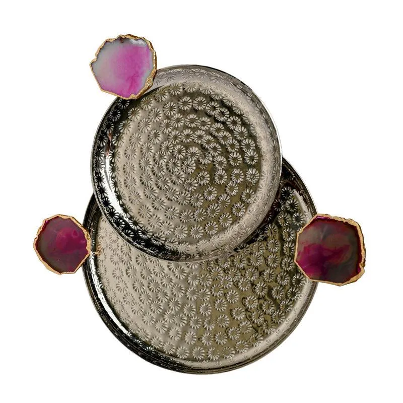 Samitha (Aluminum,Agate) Platter With Agate Decoration (Pink) - Set of Two media 4