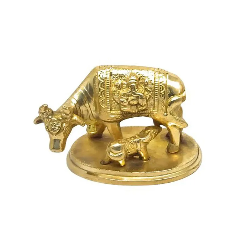 Kamadhenu Cow and Calf Brass Showpiece - Gold media 3