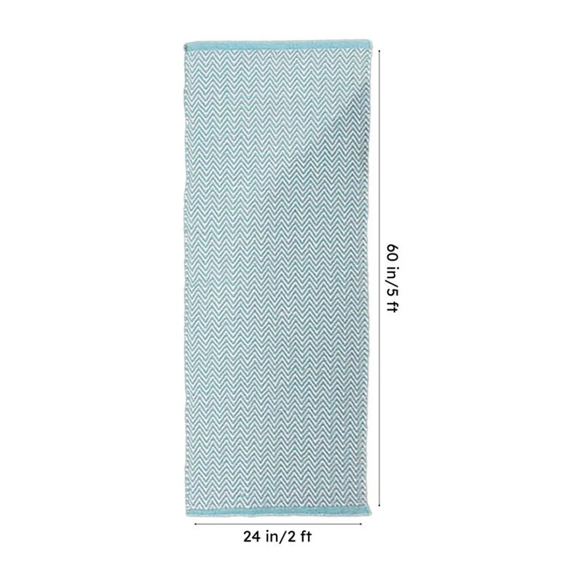 Full view of sky blue runner rug with dimension markers