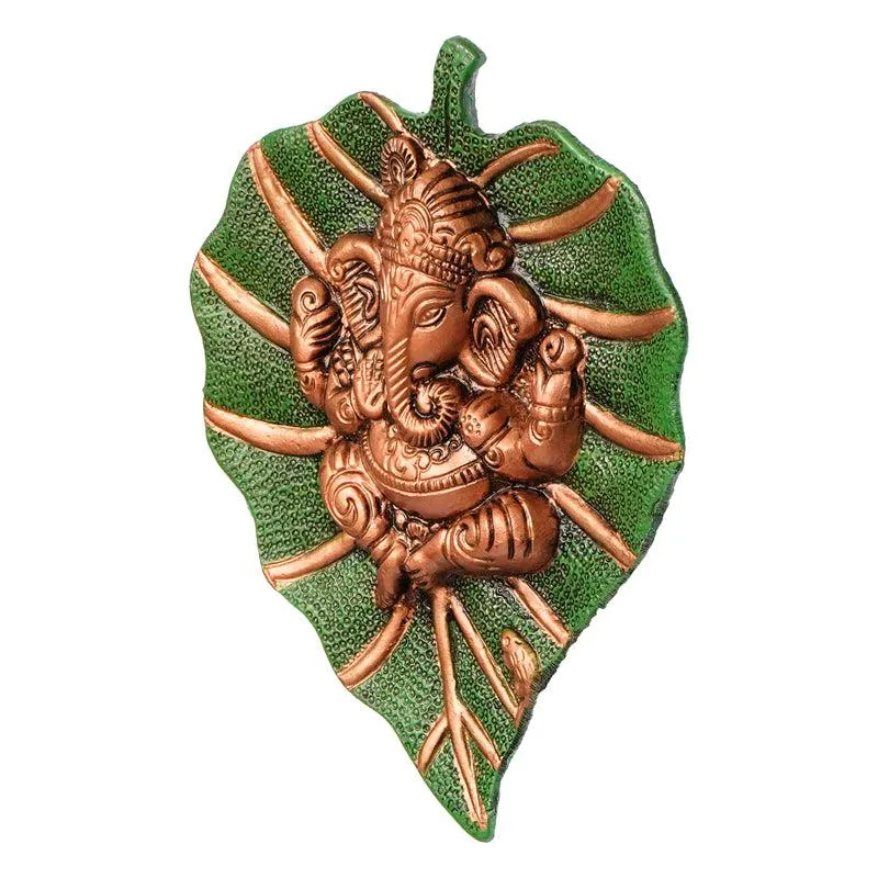 Ganesha On Green Leaf Religious Metal Wall Accent media 3