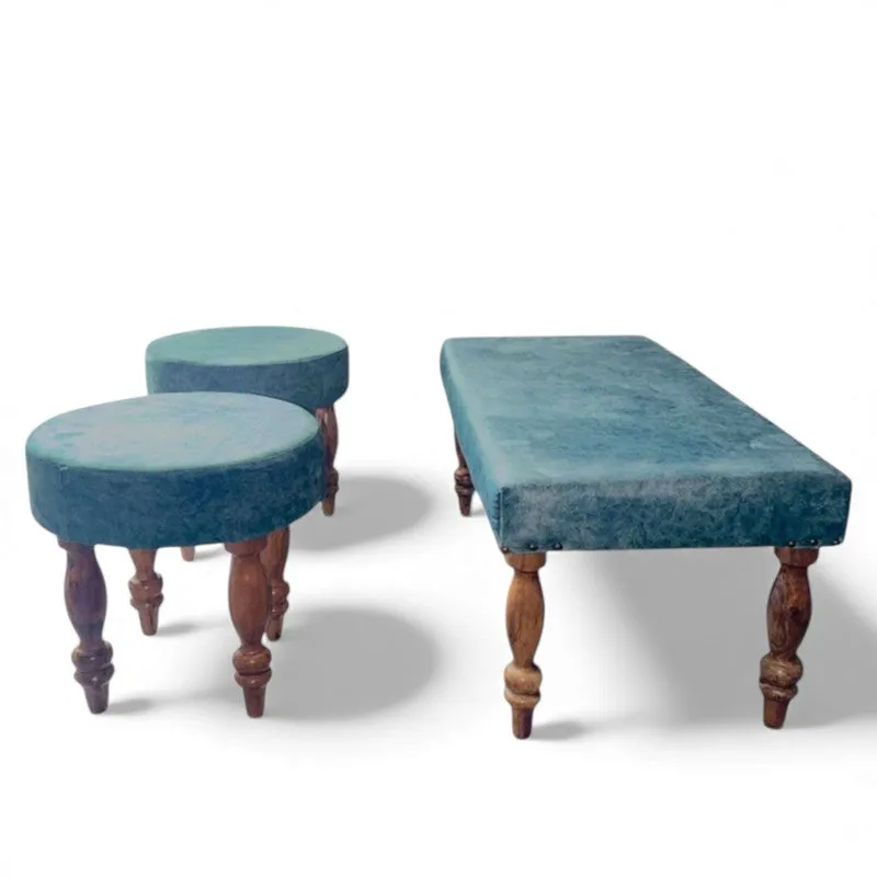 Dexon Sheesham Wooden Bench with Stools (Blue) - Three Piece Set media 4