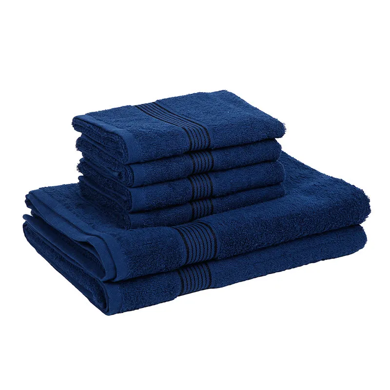 Folded navy blue towel set with ribbed stripe bands