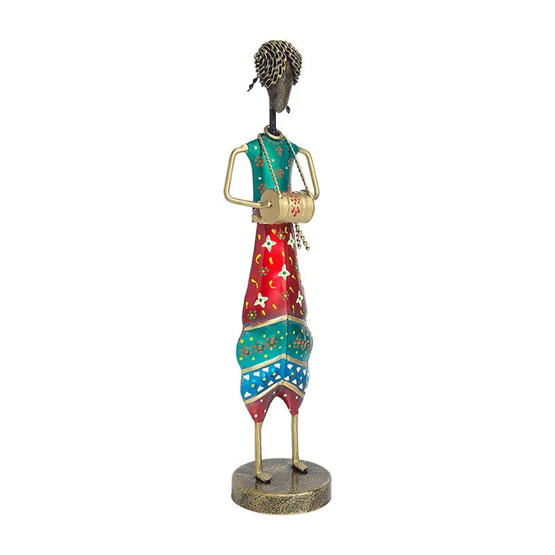 Folk Lady Dholak Player Iron Showpiece - Red,Green media 4