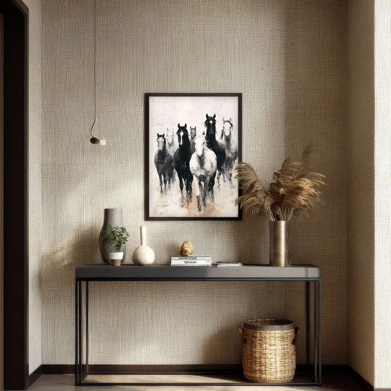 Charcoal Horse Stampede Wall Painting With Black Frame media 7
