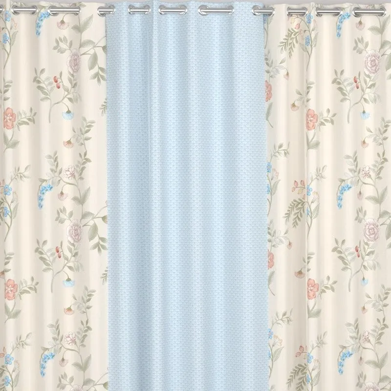 Alternate view of Beige floral room darkening curtains with eyelet hanging