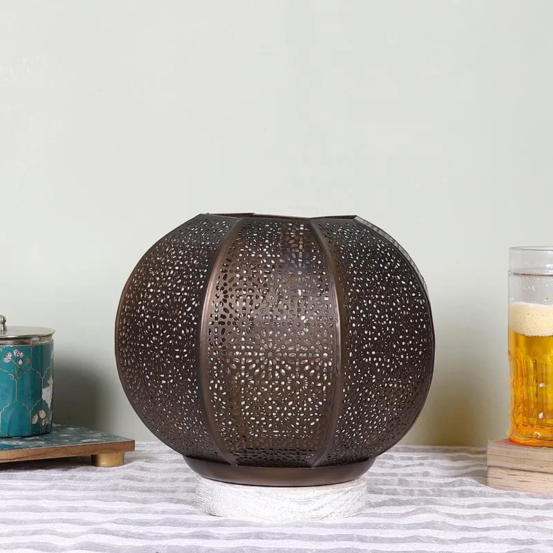 Nira Round Etched Metal Table Lamp With Wooden Base - Black media 3