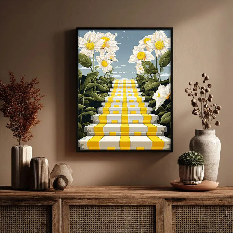Stairway Of Flowers Canvas Wall Art - Black Frame media 3