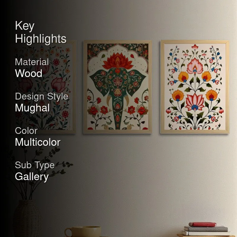 Gul-E-Hathi Mughal Wall Art With Frame (Pink) - Set Of Three media 2