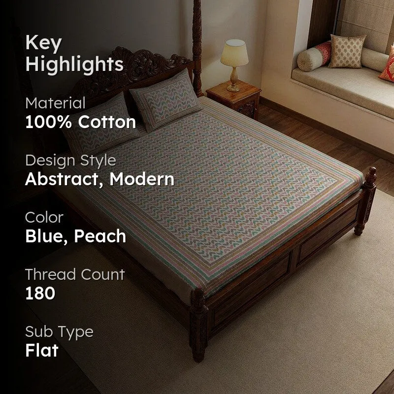 Vance Abstract Cotton Bedsheet (Blue,Peach) - 180 TC media 2