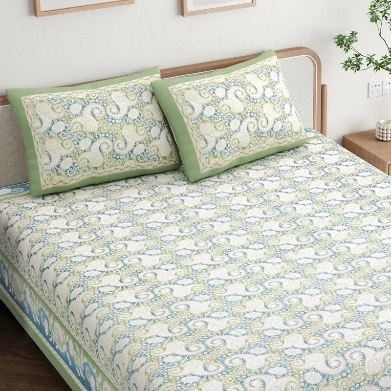 Mango Muse Cotton Bedsheet (White,Green) - 180 GSM media 4
