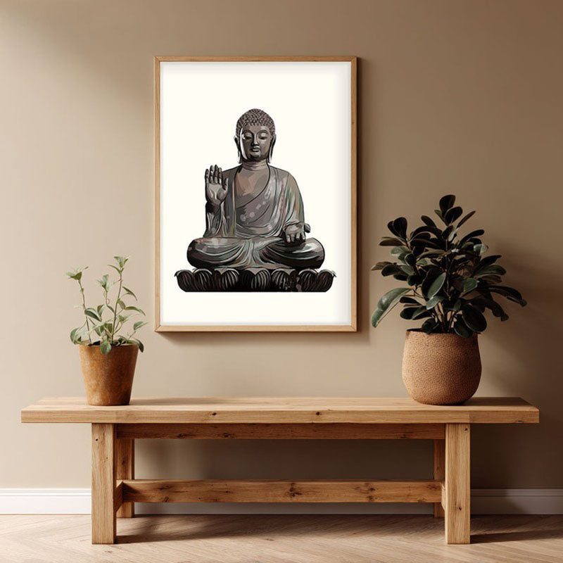 Peaceful Buddha Archival Paper Wall Art - Natural Brown Frame