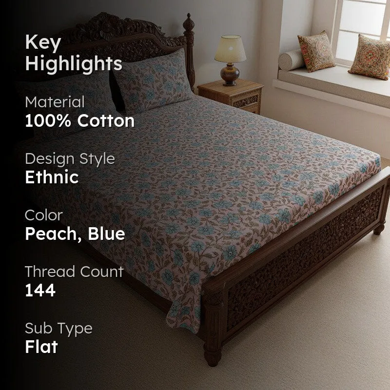 Niagra Floral Cotton Bedsheet (Peach,Blue) - 144 TC media 2