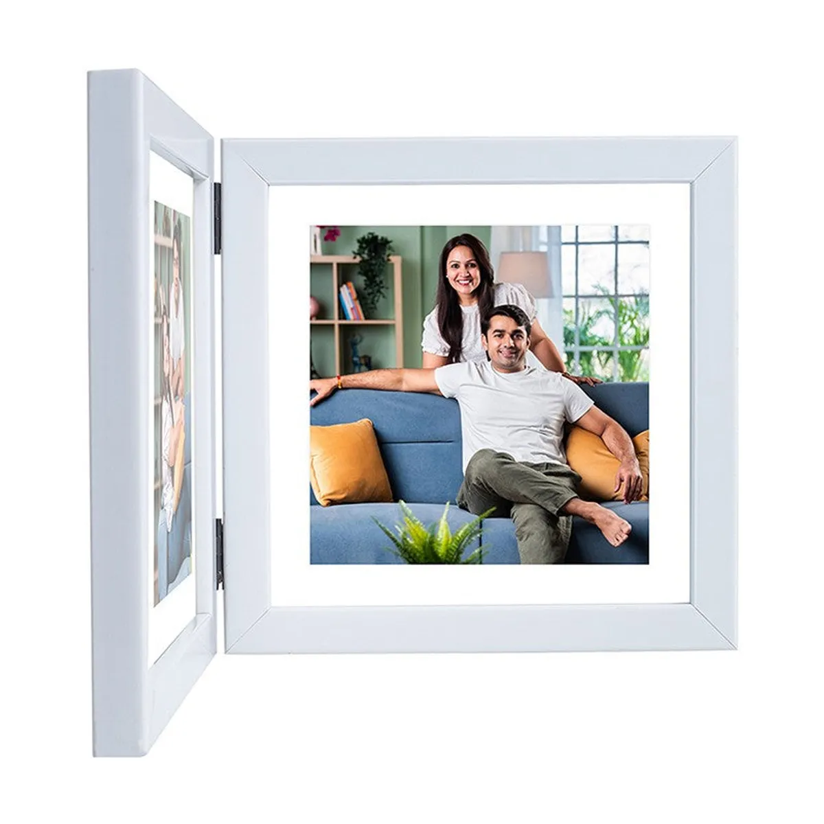 Side view showing the hinged construction of a white foldable photo frame
