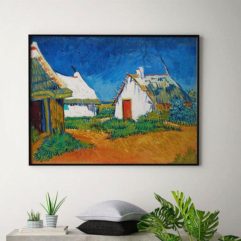 Three White Cottages Canvas Painting By Vincent Van Gogh - Black Frame