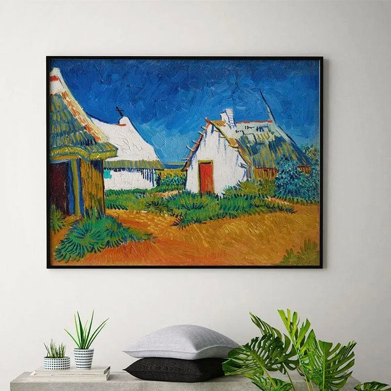 Three White Cottages Canvas Painting By Vincent Van Gogh - Black Frame media 1