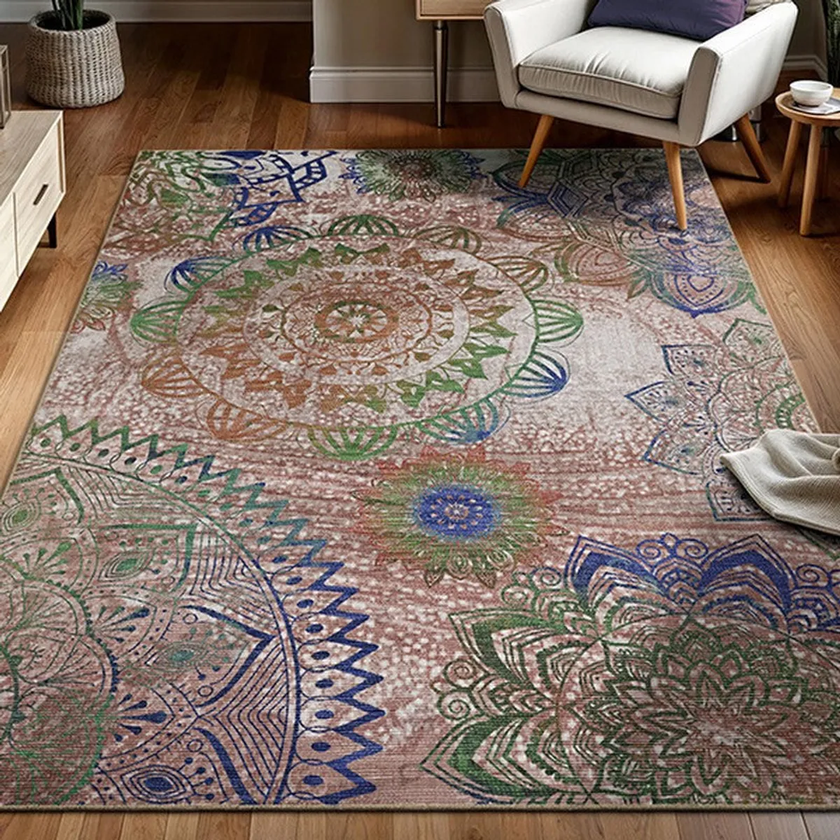 Multicolour patterned rectangular carpet placed in a living room setting