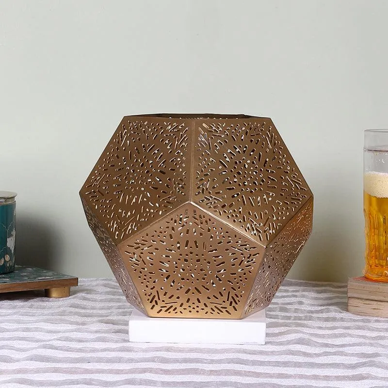 Hexa Flora Etched Metal Table Lamp With White Base - Gold media 3