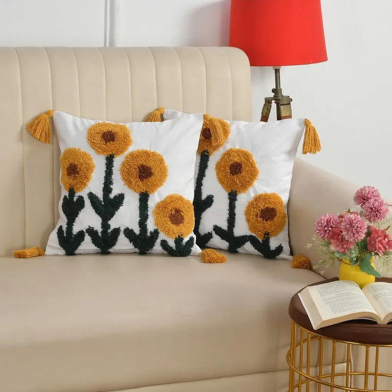 Sunflower Garden Tufted Cotton Cushion Cover - Set Of Two media 2