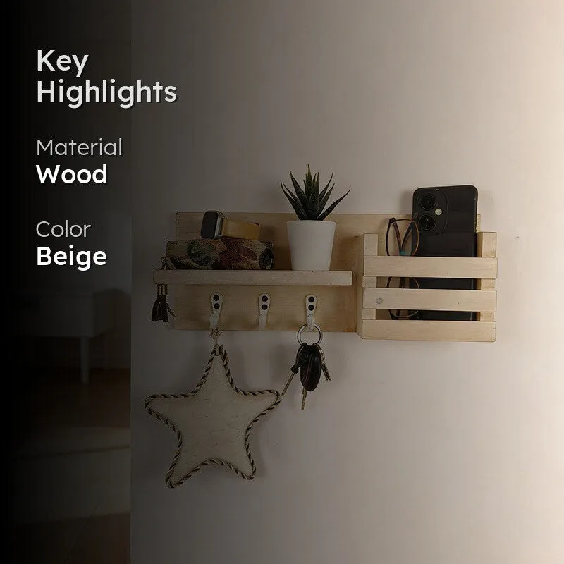 Ananta Wooden Wall Shelf Organiser with Key Holders media 2
