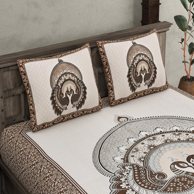 Mayura Ethnic Cotton Bedsheet (White,Brown) - 180 TC media 3