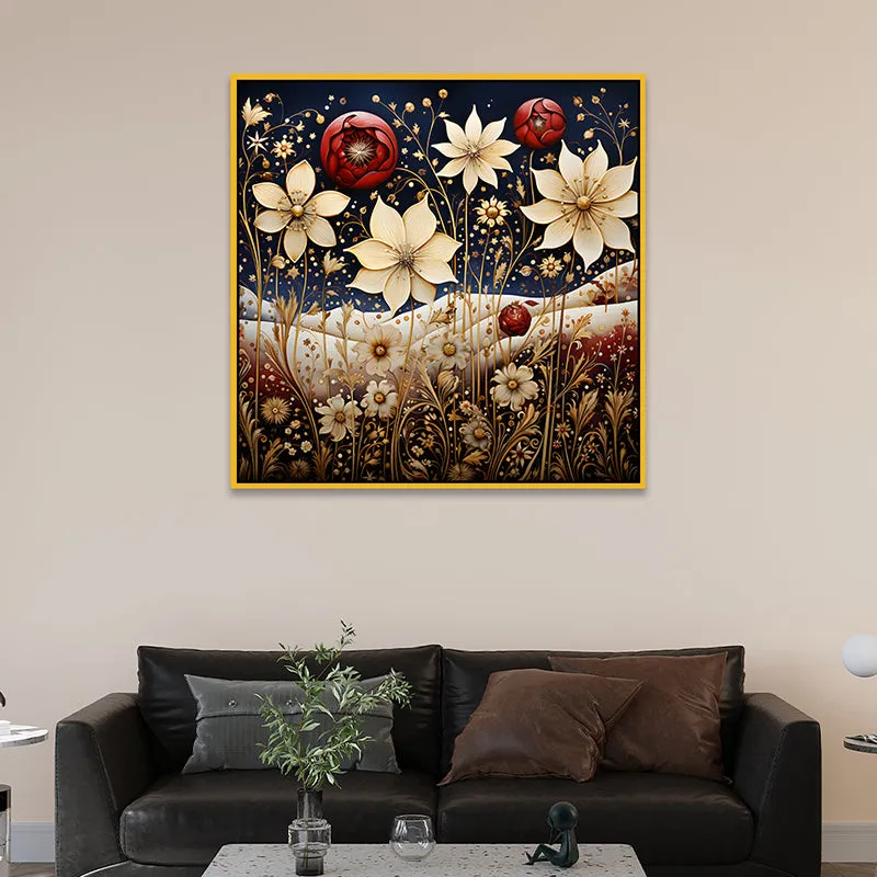 Starry Blooms Canvas Wall Painting With Frame - Gold media 1