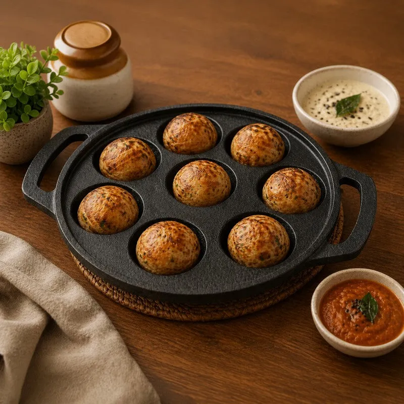 Round Ease Cast Iron Non-Stick Paniyaram & Appam Pan - Black media 9