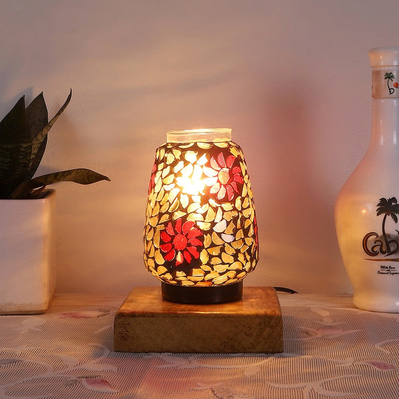Lumen Mosaic Glass Table Lamp With Wooden Base - Multicolor