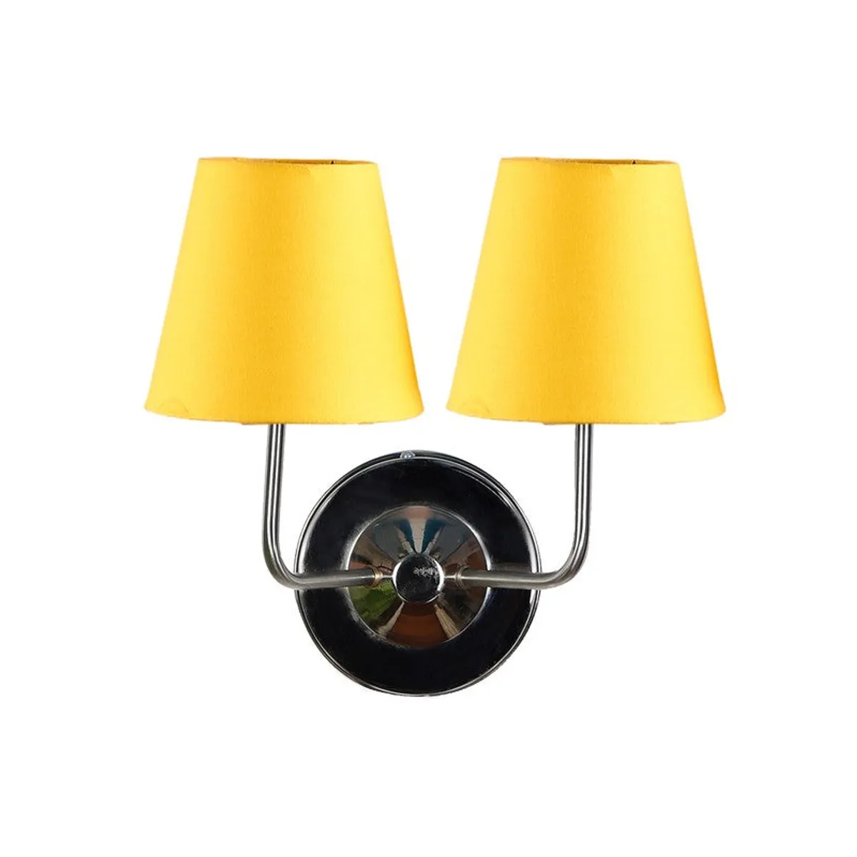 Front view of yellow shade wall lamp with circular steel base