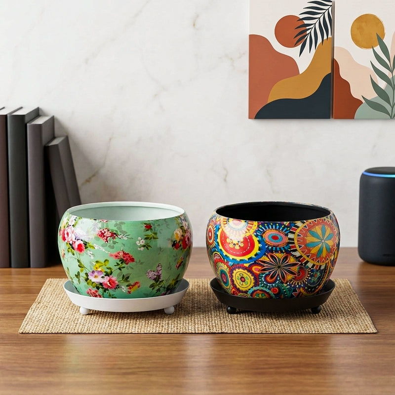 Rustic Fusion Planter With Plate - Set Of Two