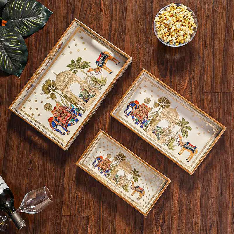 Rajvaha Premium Beige MDF Serving Tray Set - Pack of 3 media 1