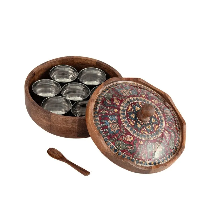 Mithila Wooden Masala Box with 7 Containers - Nine Piece Set media 7