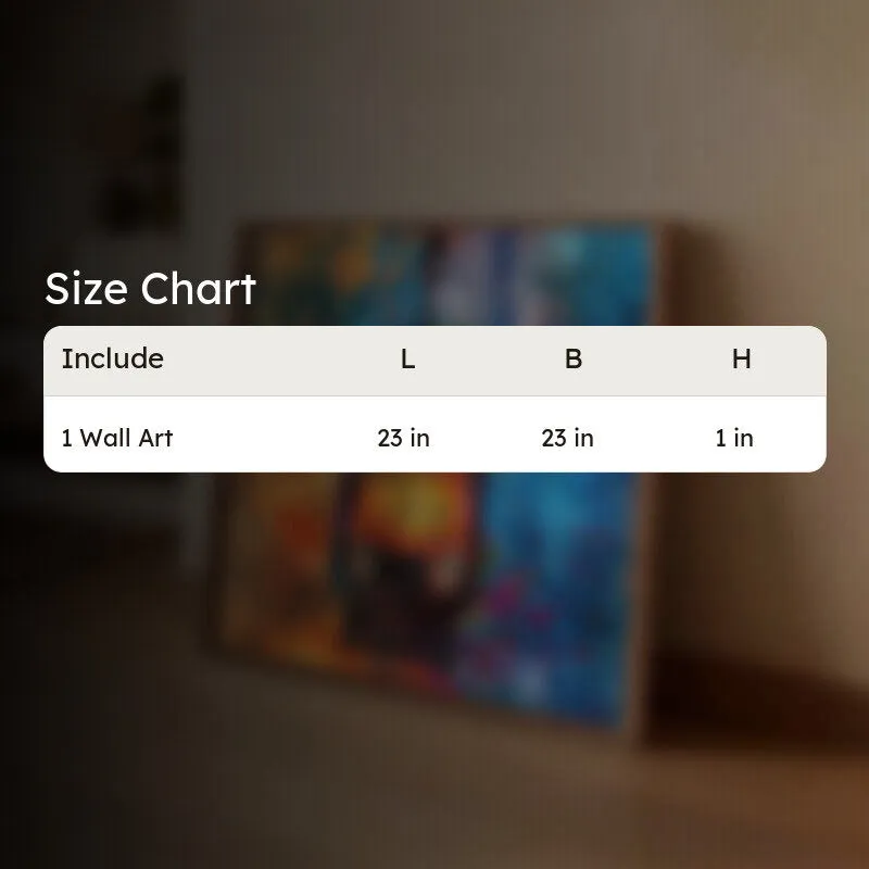 Blurred room scene with framed lantern wall art and an overlaid size chart graphic