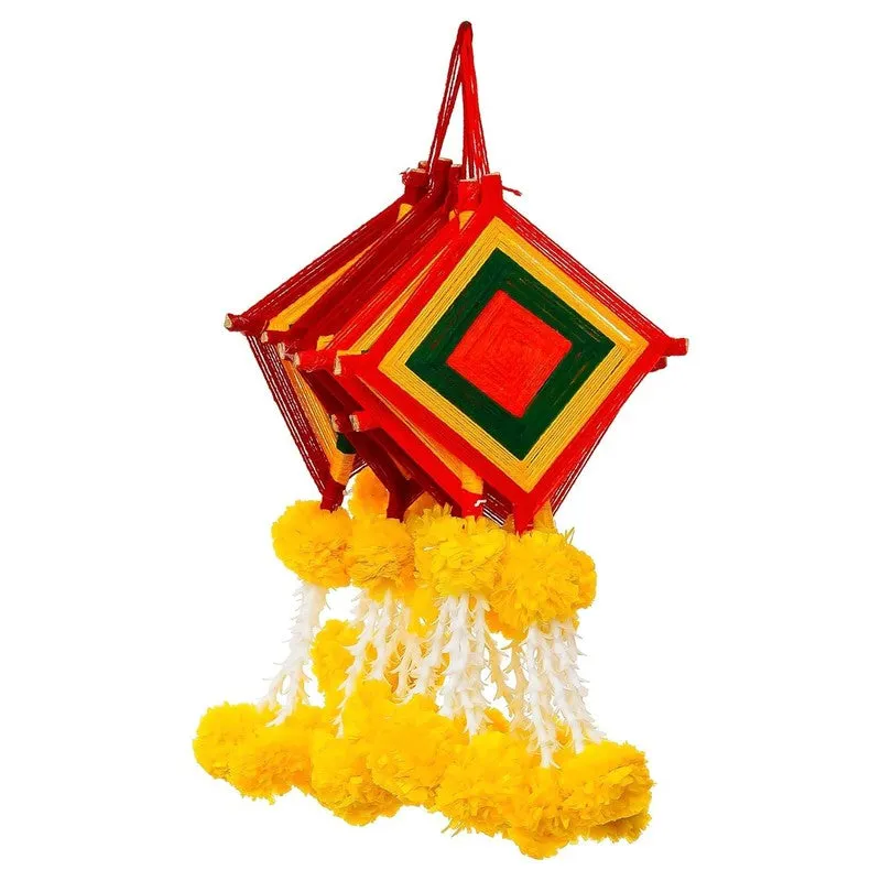 Stacked multicolour latkans with yellow pom-pom tassels