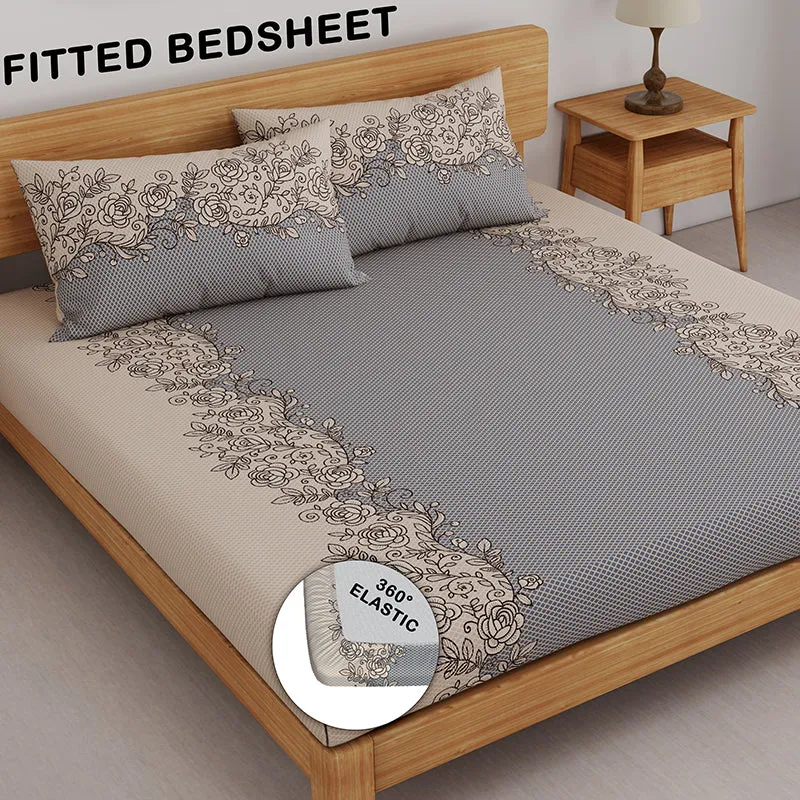 Earthen Flowers Fitted Microfiber Bedsheet (Grey) - 150 GSM media 5