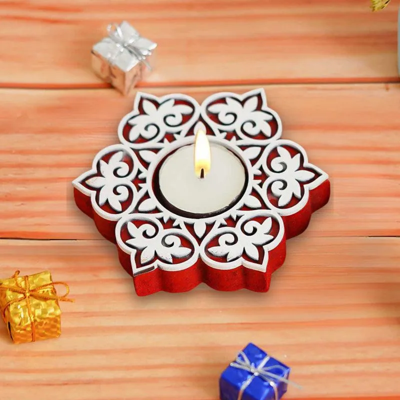 Winter Spark Carved Wood Tea Light Holder (Red) - Set Of Four media 3