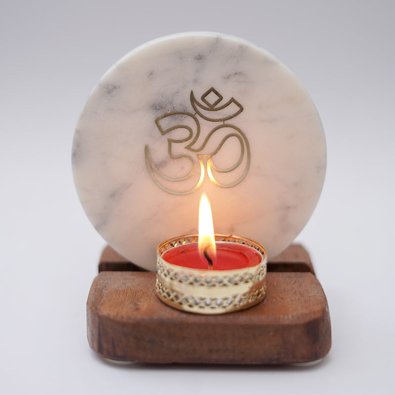Om Marble Religious Accent With Tealight Candle Holder