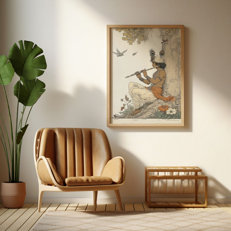 Lord Murlidhar Krishna Blissful Archival Paper Wall Art - Natural Brown Frame