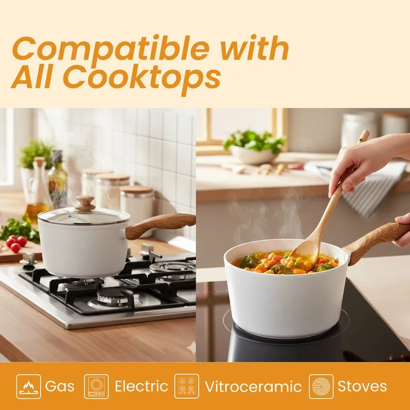 White saucepan shown on gas and electric cooktops with vegetables